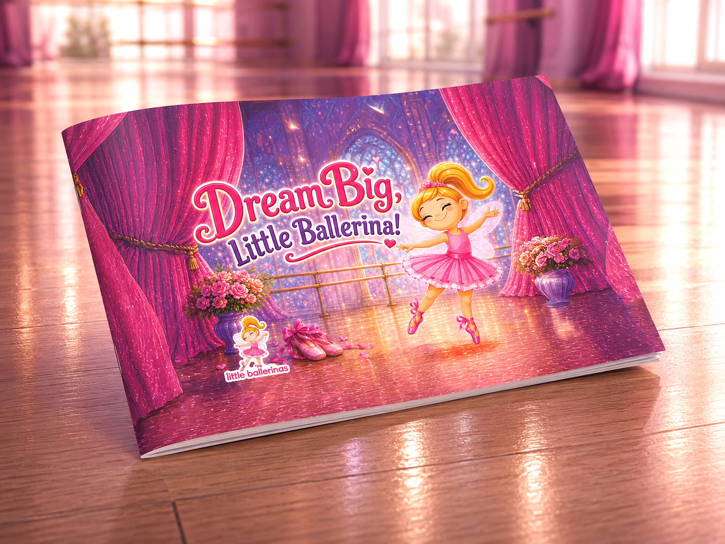 Dream Big, Little Ballerina! storybook lying on a ballet studio floor